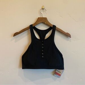 REEBOK Ribbed Black High Neck Snap Sports Bra Swimsuit Top